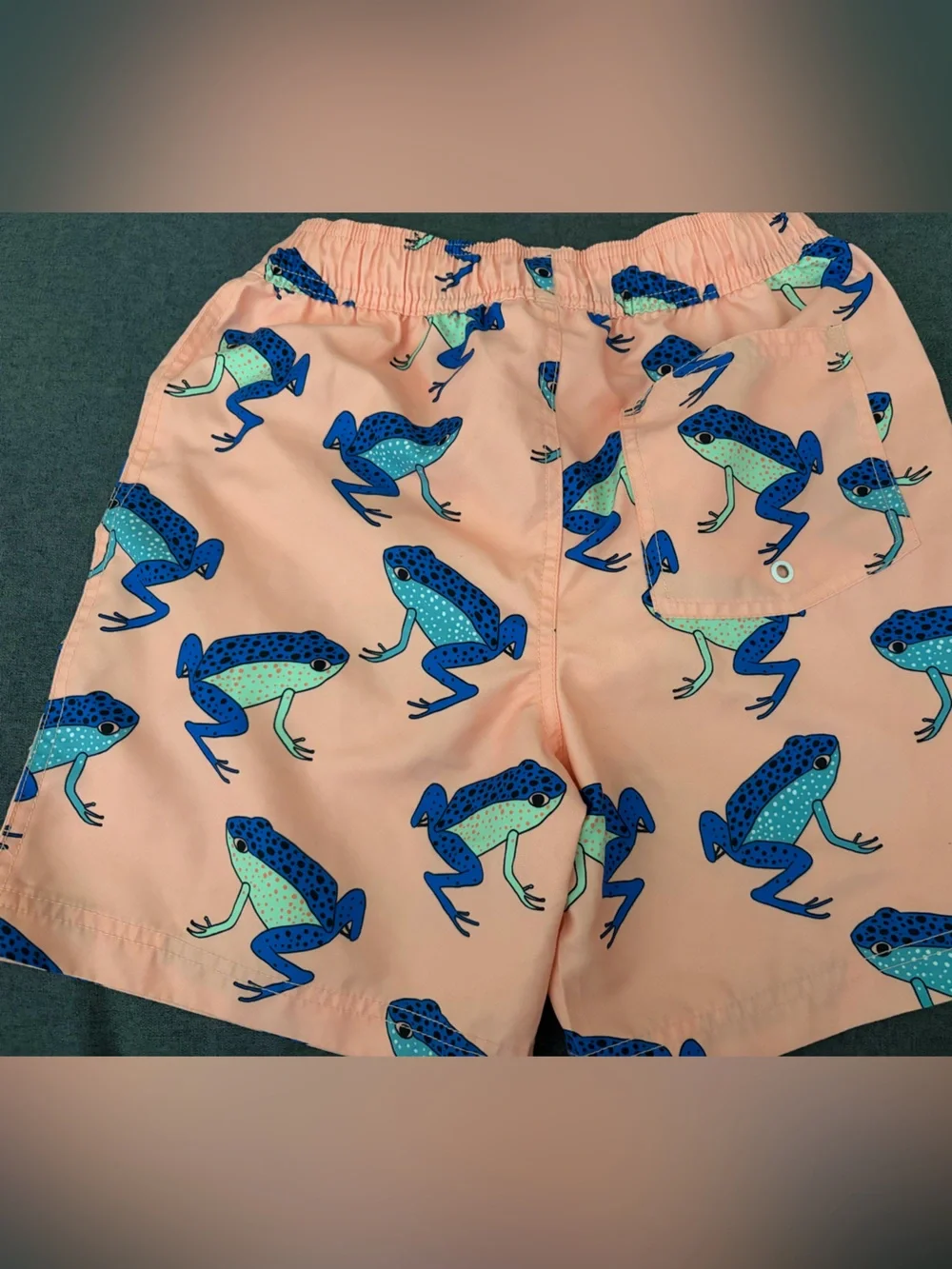 Tea Collection Peach Swim Trunks with Blue & Aqua Frog Print